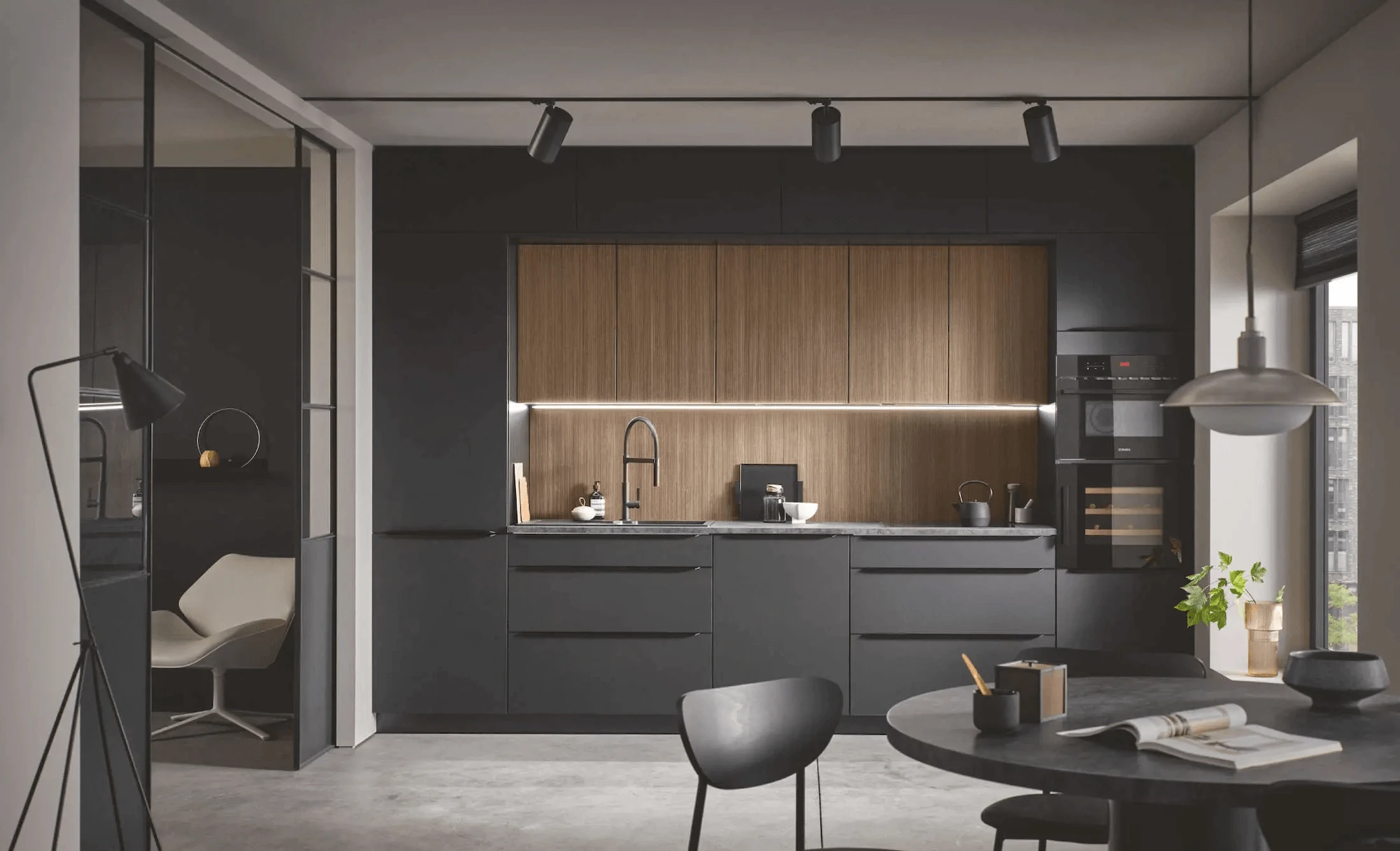 burger designkueche schwarz holzoptik poelmeyer
